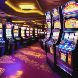 A vibrant and lively casino scene featuring various slot machines with colorful and eye-catching designs