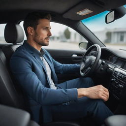 High-definition image of a man sitting inside his car, with detailed interior and exterior visual elements.