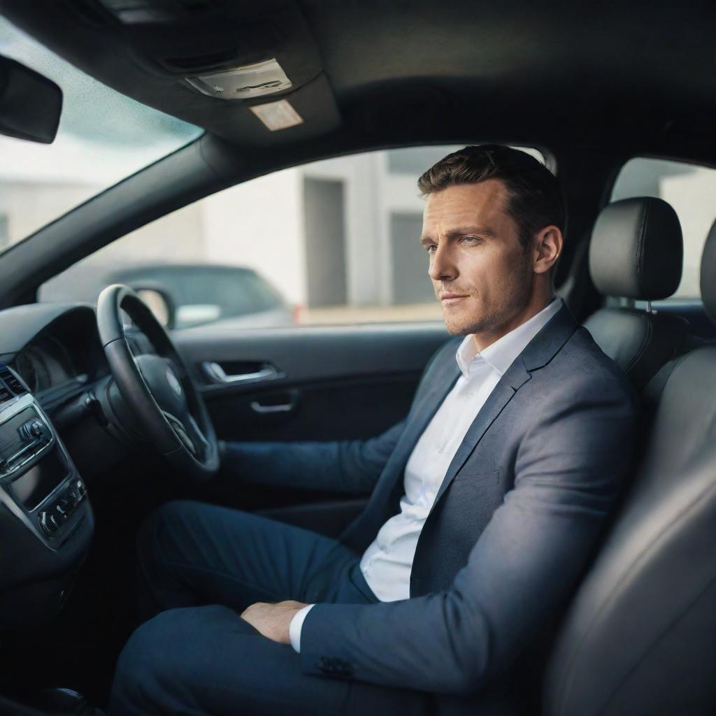 High-definition image of a man sitting inside his car, with detailed interior and exterior visual elements.