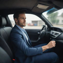 High-definition image of a man sitting inside his car, with detailed interior and exterior visual elements.