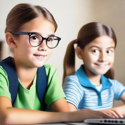 A young, serious girl is typing on a computer while a silly boy looks over her shoulder with a goofy expression