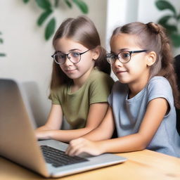 A young, serious girl is typing on a computer while a silly boy looks over her shoulder with a goofy expression