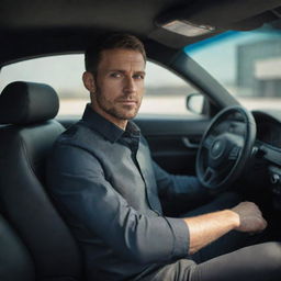 High-definition image of a man sitting inside his car, with detailed interior and exterior visual elements.