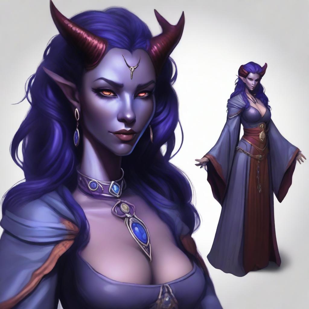 A young female tiefling sorceress named Nyxia with deep purple skin and flowing red-black hair