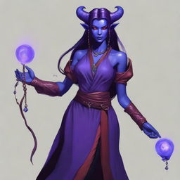 A young female tiefling sorceress named Nyxia with deep purple skin and flowing red-black hair