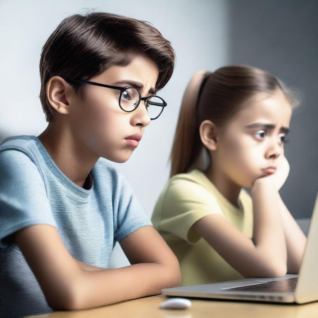 A young, stressed-out girl is typing on a laptop, her face showing signs of frustration