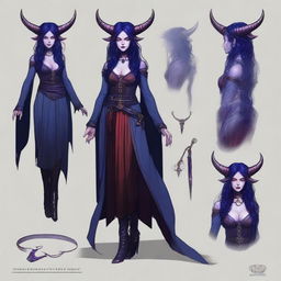 A young female tiefling sorceress named Nyxia with deep purple skin and flowing red-black hair