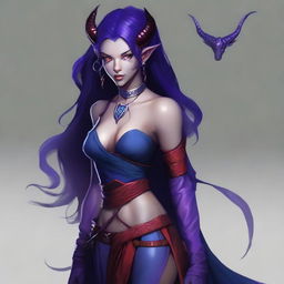 A young female tiefling sorceress named Nyxia with deep purple skin and flowing red-black hair