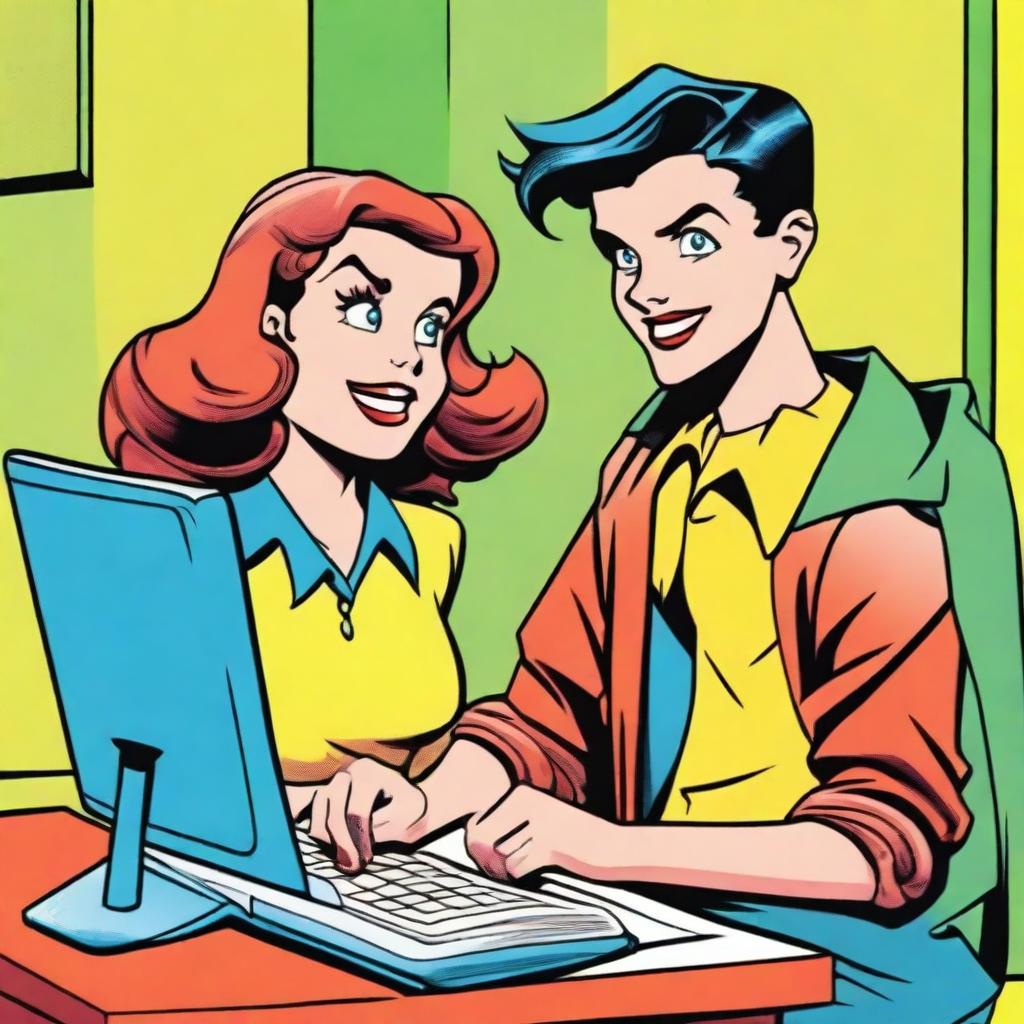 An old-fashioned comic book style rendering of a young, serious girl typing on a computer while a silly boy looks over her shoulder with a goofy expression