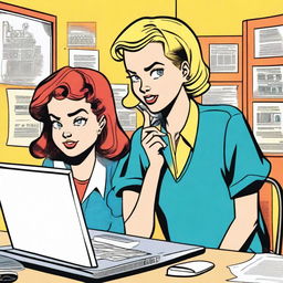 An old-fashioned comic book style rendering of a young, serious girl typing on a computer while a silly boy looks over her shoulder with a goofy expression