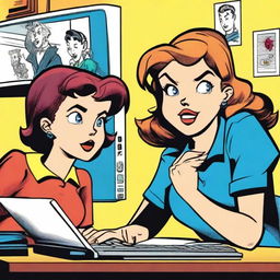 An old-fashioned comic book style rendering of a young, serious girl typing on a computer while a silly boy looks over her shoulder with a goofy expression