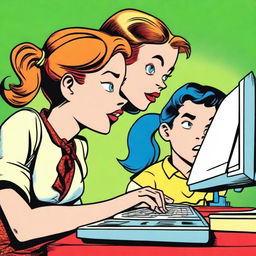 An old-fashioned comic book style rendering of a young, serious girl typing on a computer while a silly boy looks over her shoulder with a goofy expression