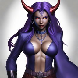 A young female tiefling sorceress with deep purple skin and flowing red-black hair