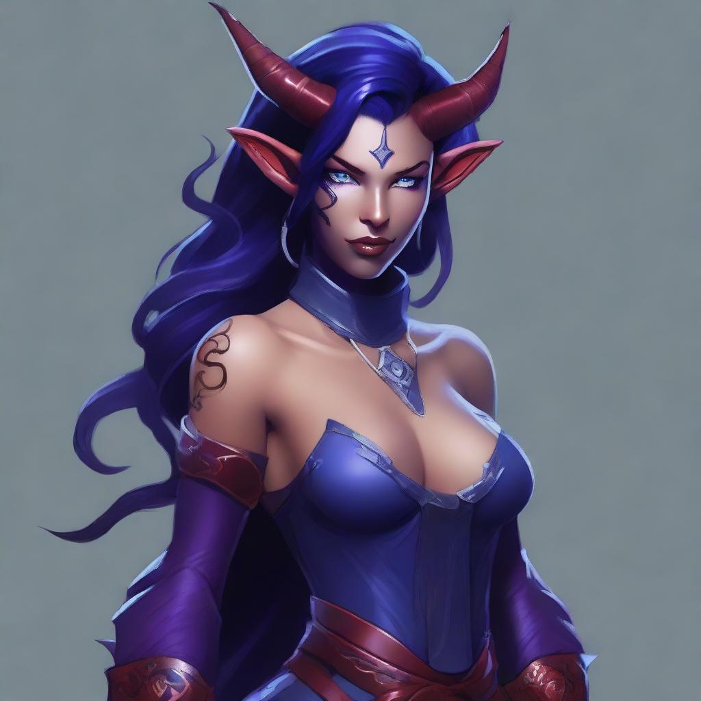 A young female tiefling sorceress with deep purple skin and flowing red-black hair