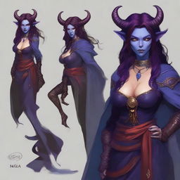 A young female tiefling sorceress with deep purple skin and flowing red-black hair