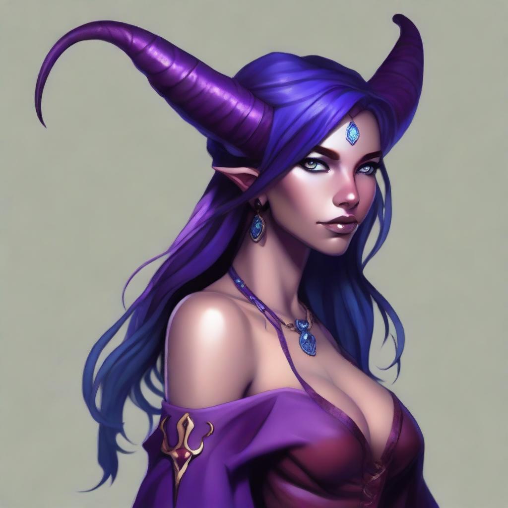 A young female tiefling sorceress with deep purple skin and flowing red-black hair