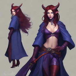 A young female tiefling sorceress with deep purple skin and flowing red-black hair