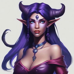 A young female tiefling sorceress with deep purple skin and flowing red-black hair