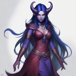 A young female tiefling sorceress with deep purple skin and flowing red-black hair