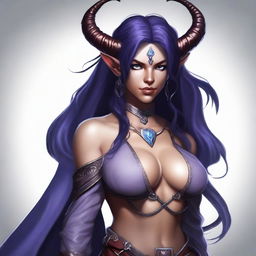 A young female tiefling sorceress with deep purple skin and flowing red-black hair