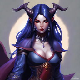 A young female tiefling sorceress with deep purple skin and flowing red-black hair