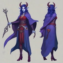 A young female tiefling sorceress with deep purple skin and flowing red-black hair