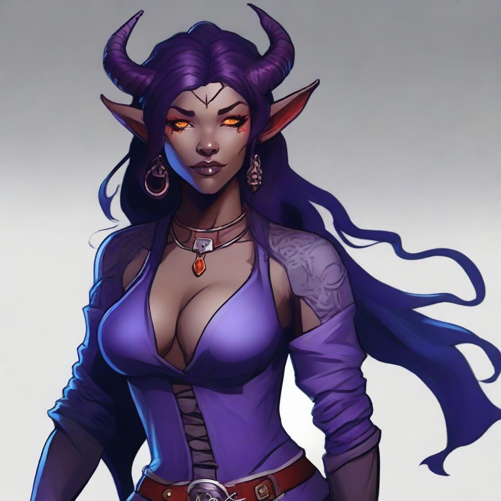 A young female tiefling sorceress with deep purple skin and flowing red-black hair