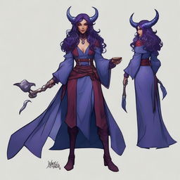 A young female tiefling sorceress with deep purple skin and flowing red-black hair