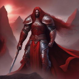 A powerful red warrior with long flowing hair, standing in a heroic pose