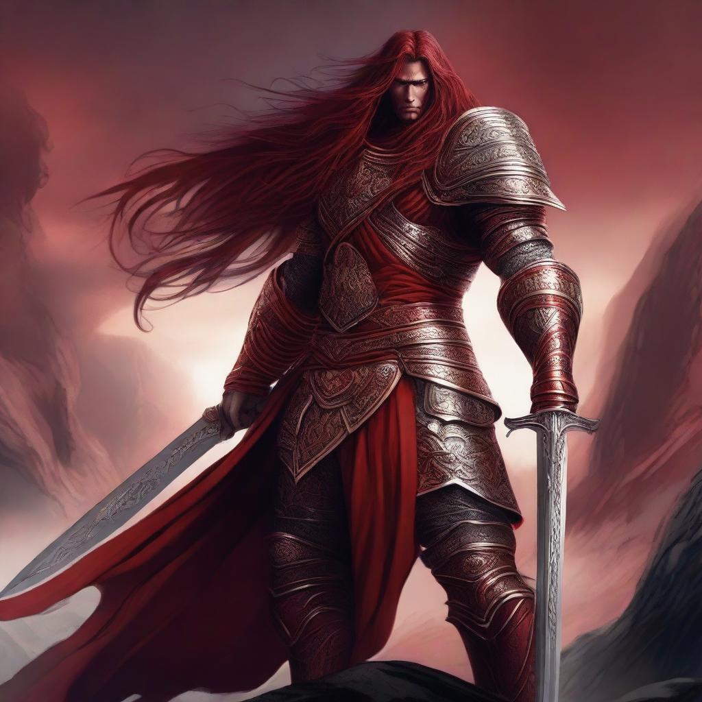 A powerful red warrior with long flowing hair, standing in a heroic pose