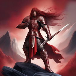 A powerful red warrior with long flowing hair, standing in a heroic pose