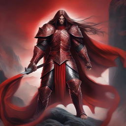 A powerful red warrior with long flowing hair, standing in a heroic pose