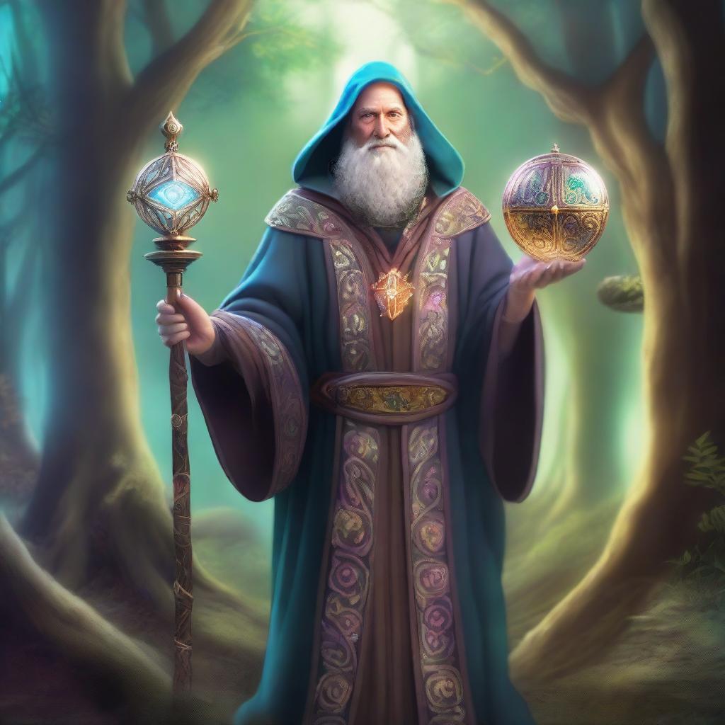 A middle-aged cleric of trickery, dressed in elaborate robes with mystical symbols