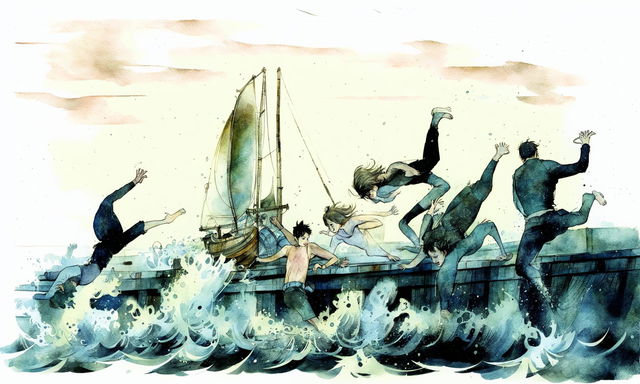 A watercolour storyboard's twenty-first act featuring Blaise, Jake, Liam, and her father leaping off the end of the jetty into the water and swimming through the choppy water as fast as they can towards an old sail boat.