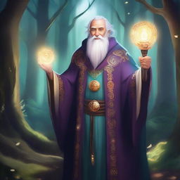 A middle-aged cleric of trickery, dressed in elaborate robes with mystical symbols