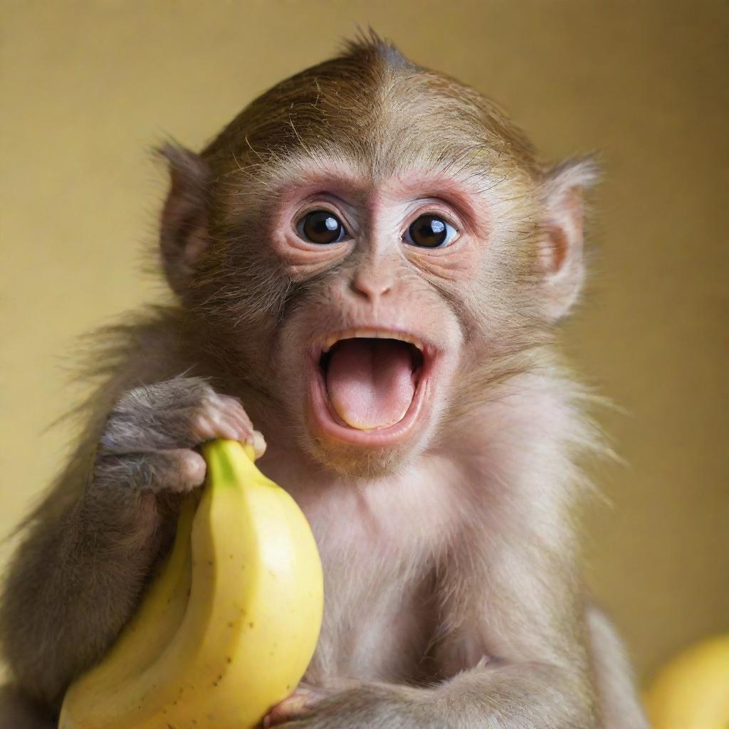 A joyous monkey clutching a ripe banana in a high-definition image