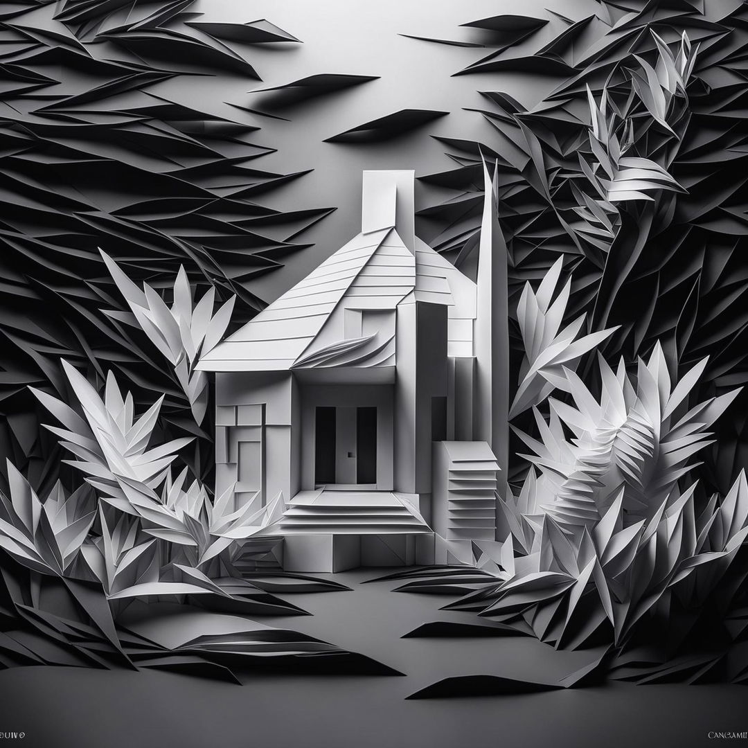 A black and white photograph of a modern, origami-style architectural home in a peaceful paper world, surrounded by beautiful origami flowers