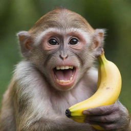 A joyous monkey clutching a ripe banana in a high-definition image