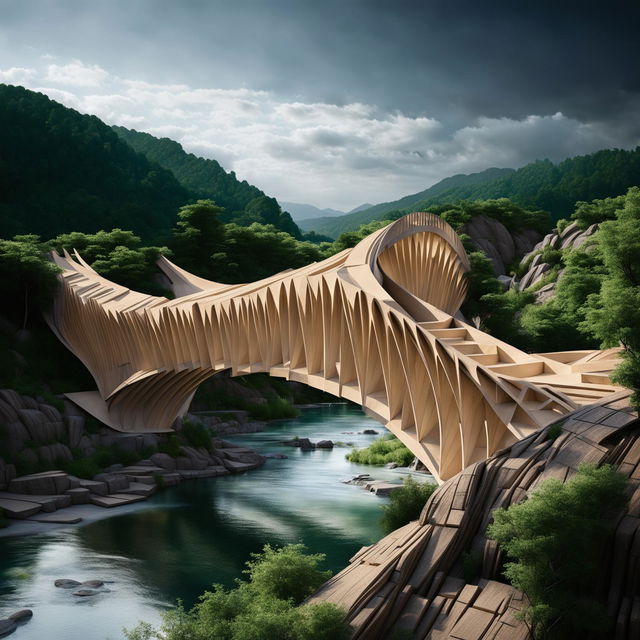 A bridge made of cardboard inspired by Santiago Calatrava, set in a stunning natural environment, captured in the style of high-quality architectural photography