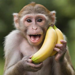 A joyous monkey clutching a ripe banana in a high-definition image