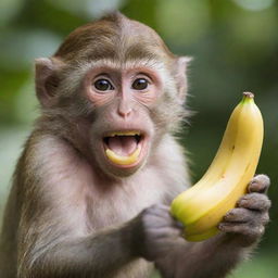 A joyous monkey clutching a ripe banana in a high-definition image