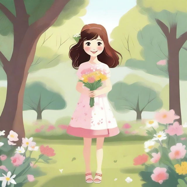 A detailed illustration of a young girl with a joyful expression, standing in a serene park setting with trees and flowers around her