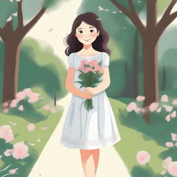 A detailed illustration of a young girl with a joyful expression, standing in a serene park setting with trees and flowers around her