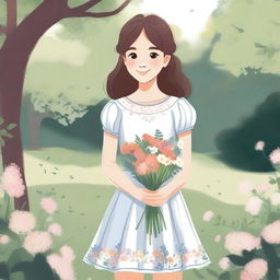 A detailed illustration of a young girl with a joyful expression, standing in a serene park setting with trees and flowers around her