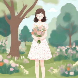 A detailed illustration of a young girl with a joyful expression, standing in a serene park setting with trees and flowers around her