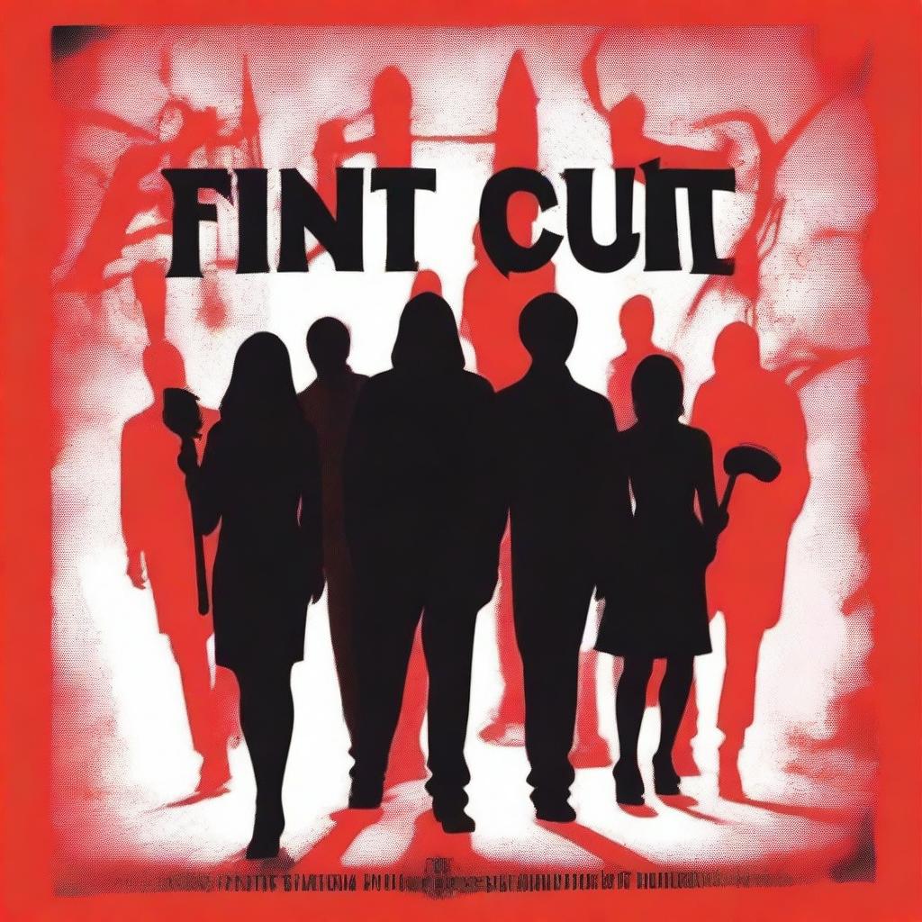 Book cover featuring the silhouette of a group of five young adults (three men and two women) with a haunted house background and a red backdrop