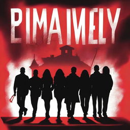 Book cover featuring the silhouette of a group of five young adults (three men and two women) with a haunted house background and a red backdrop