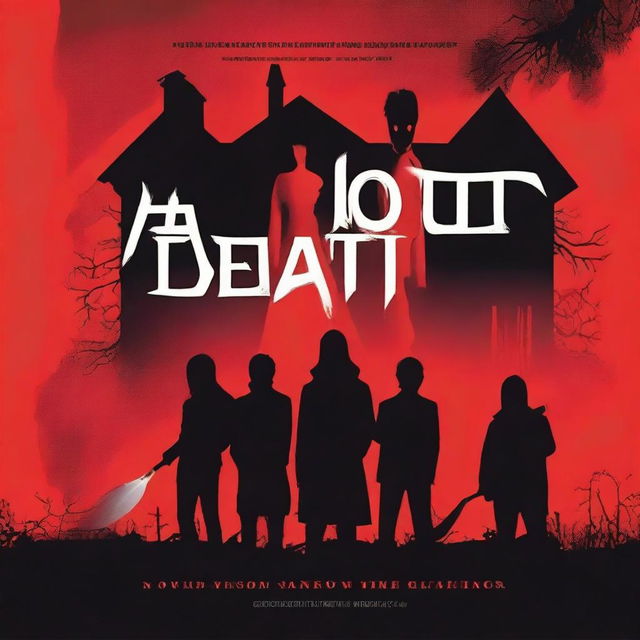 Book cover featuring the silhouette of a group of five young adults (three men and two women) with a haunted house background and a red backdrop