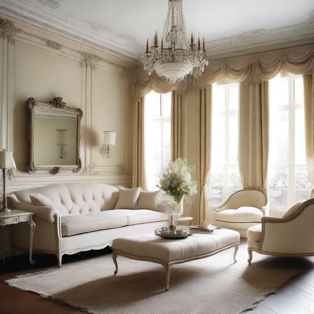 Design a living room with an area of approximately 40 square meters in a creamy French style