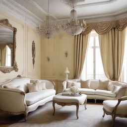 Design a living room with an area of approximately 40 square meters in a creamy French style